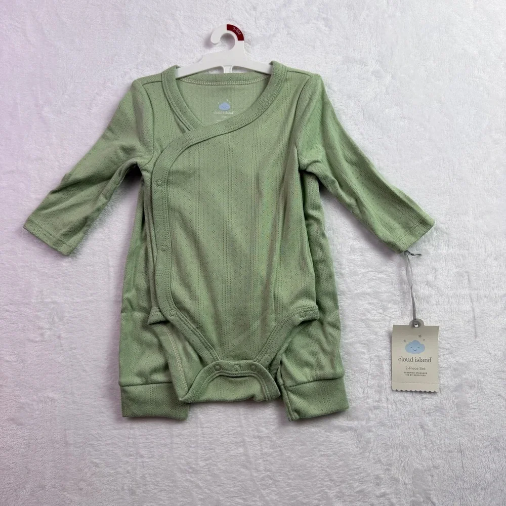 Cloud Island Sage Green Pointelle 2-Piece Kimono Bodysuit and Pants Set 3-6M NEW